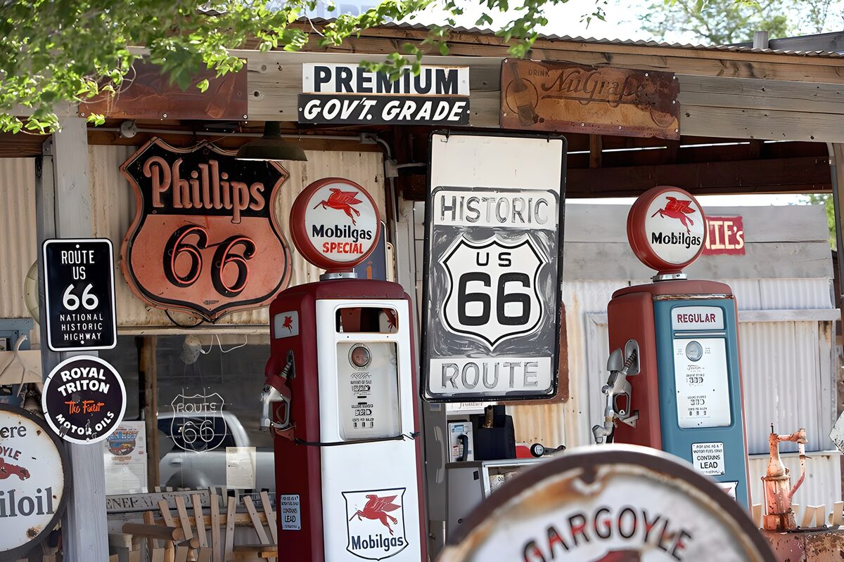 Vintage petrol pumps and weathered signs
