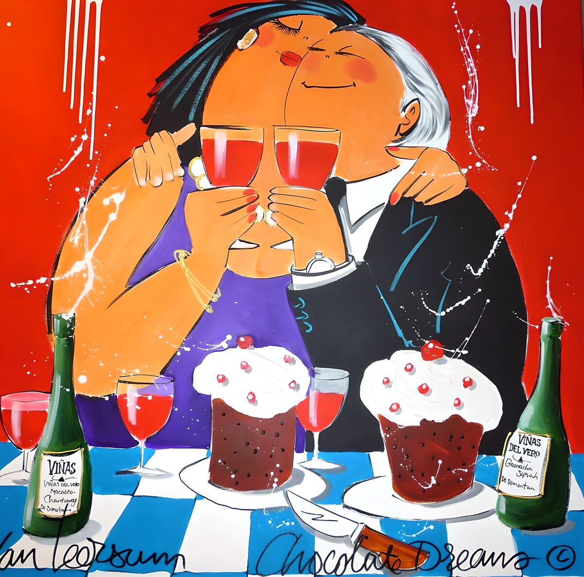 Couple embracing over wine and cake
