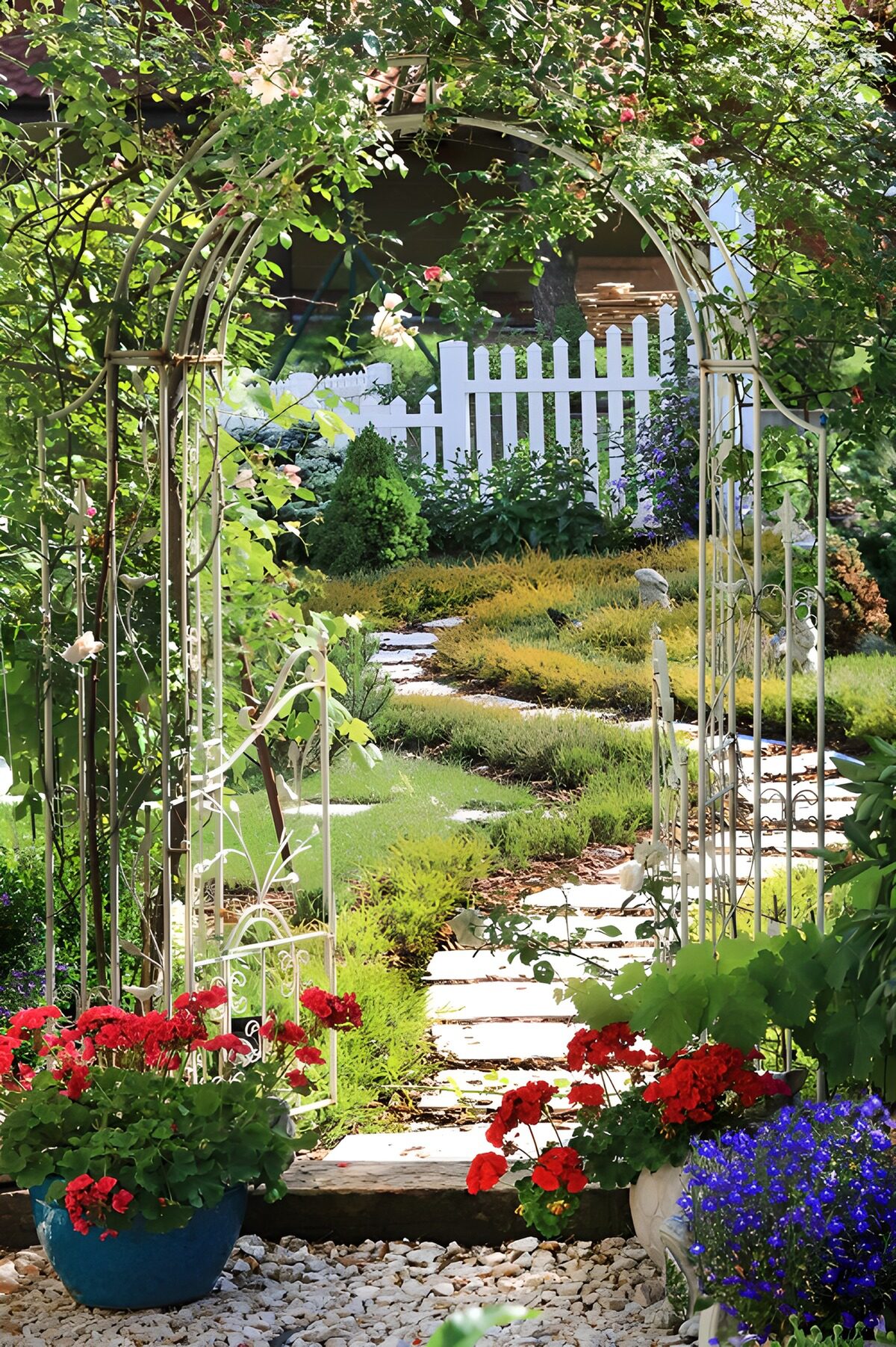 Rose arch and garden path in summer
