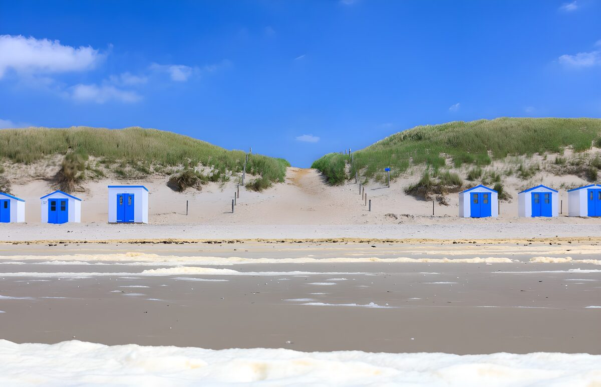 Blue and white huts on a quiet beach