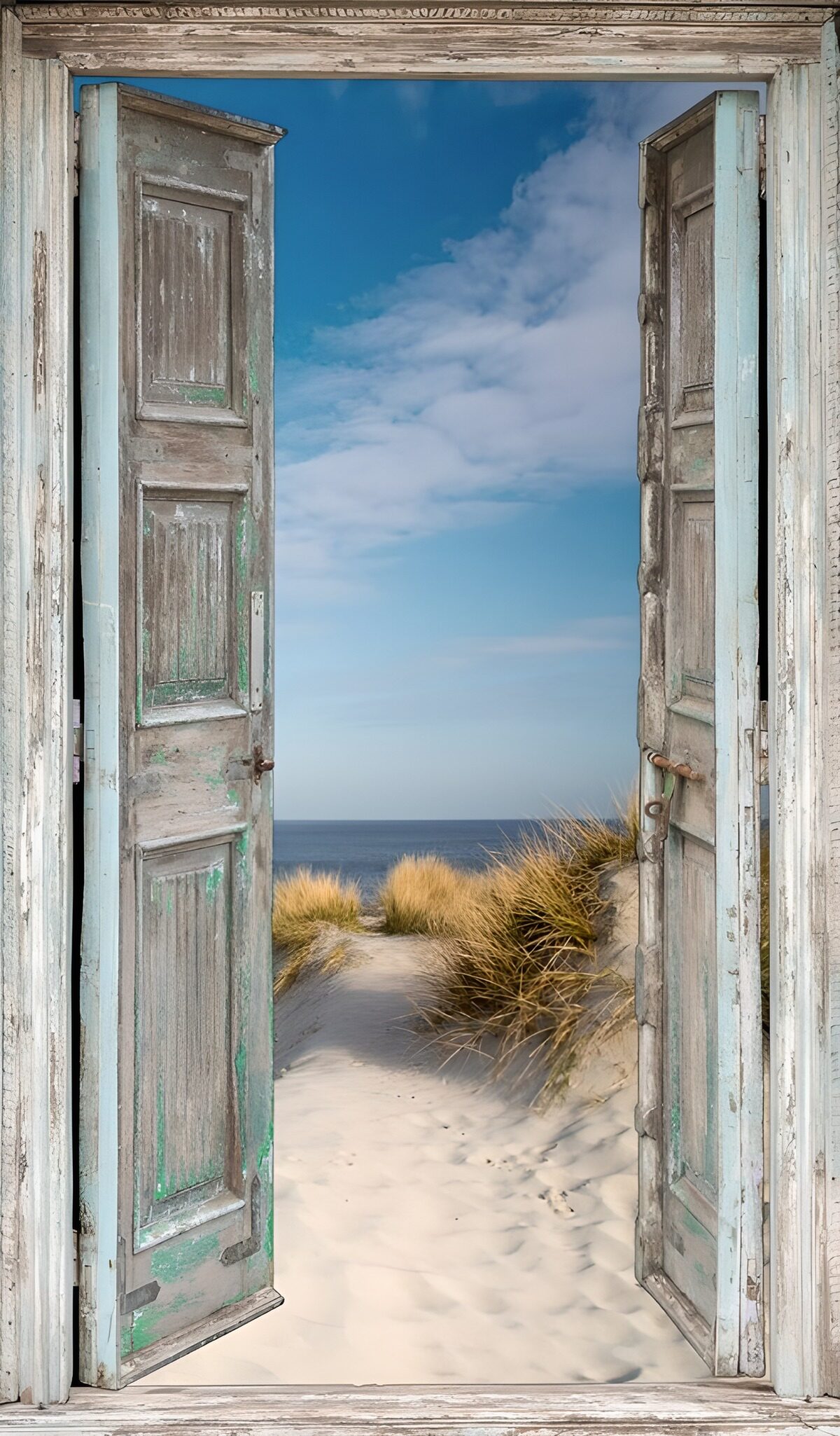 Weathered doors open to a quiet beach