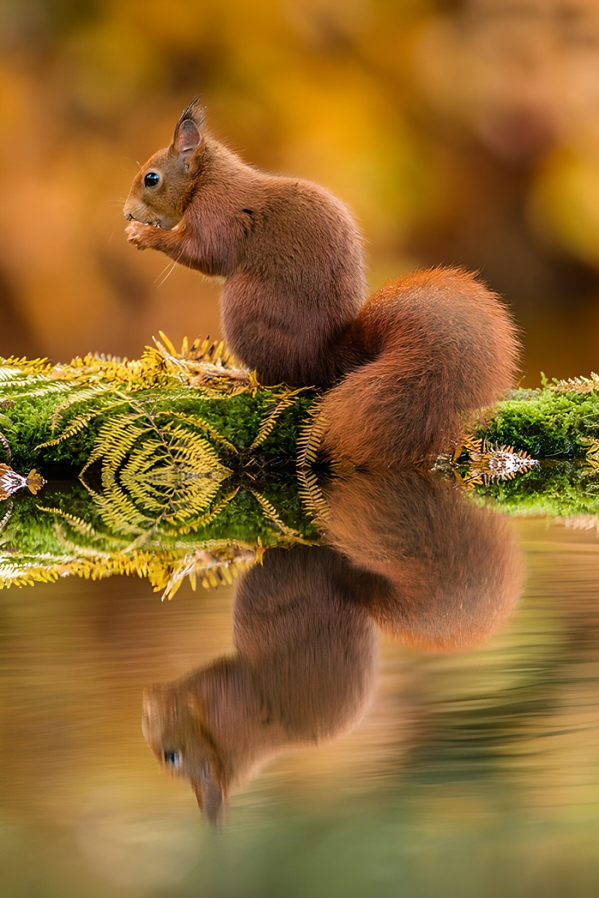Red squirrel on a mossy log by still water