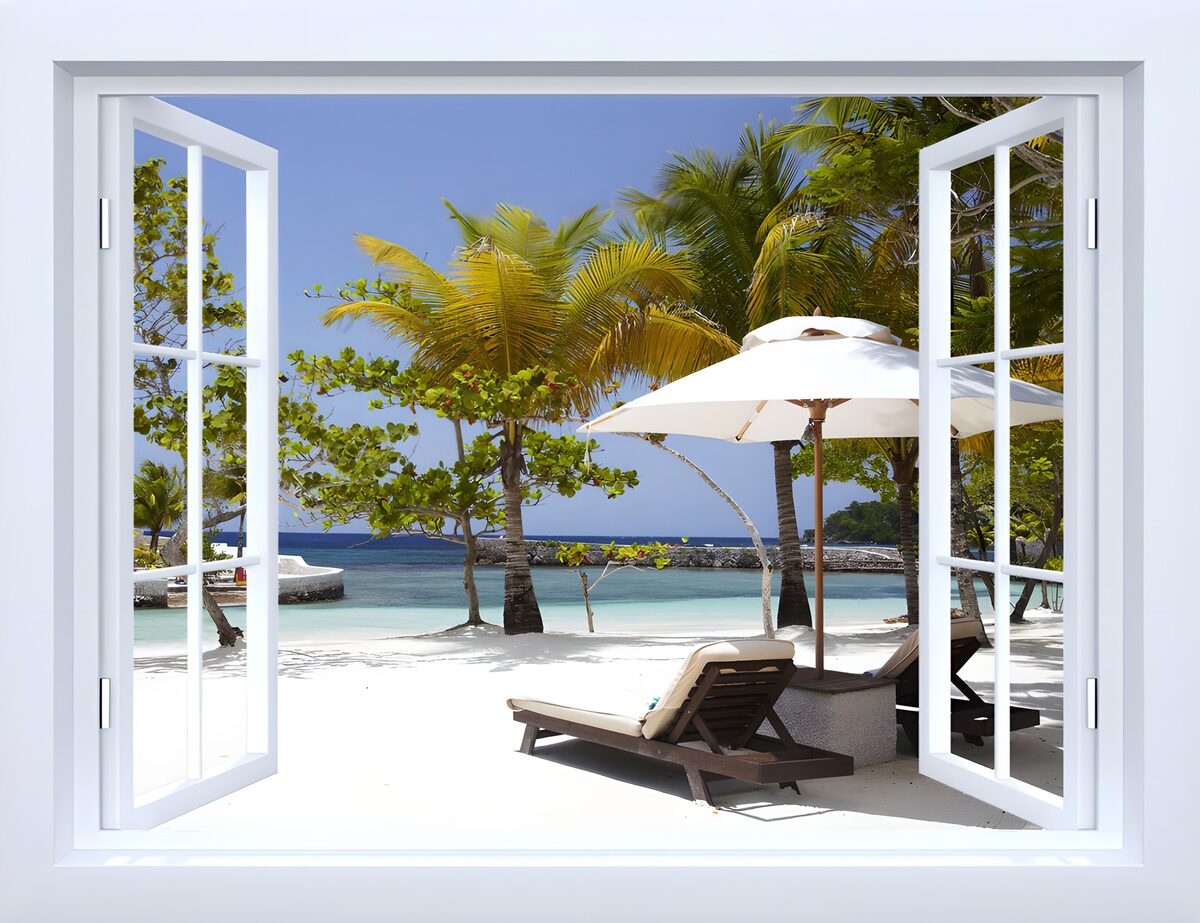 A window where the palms meet the sea