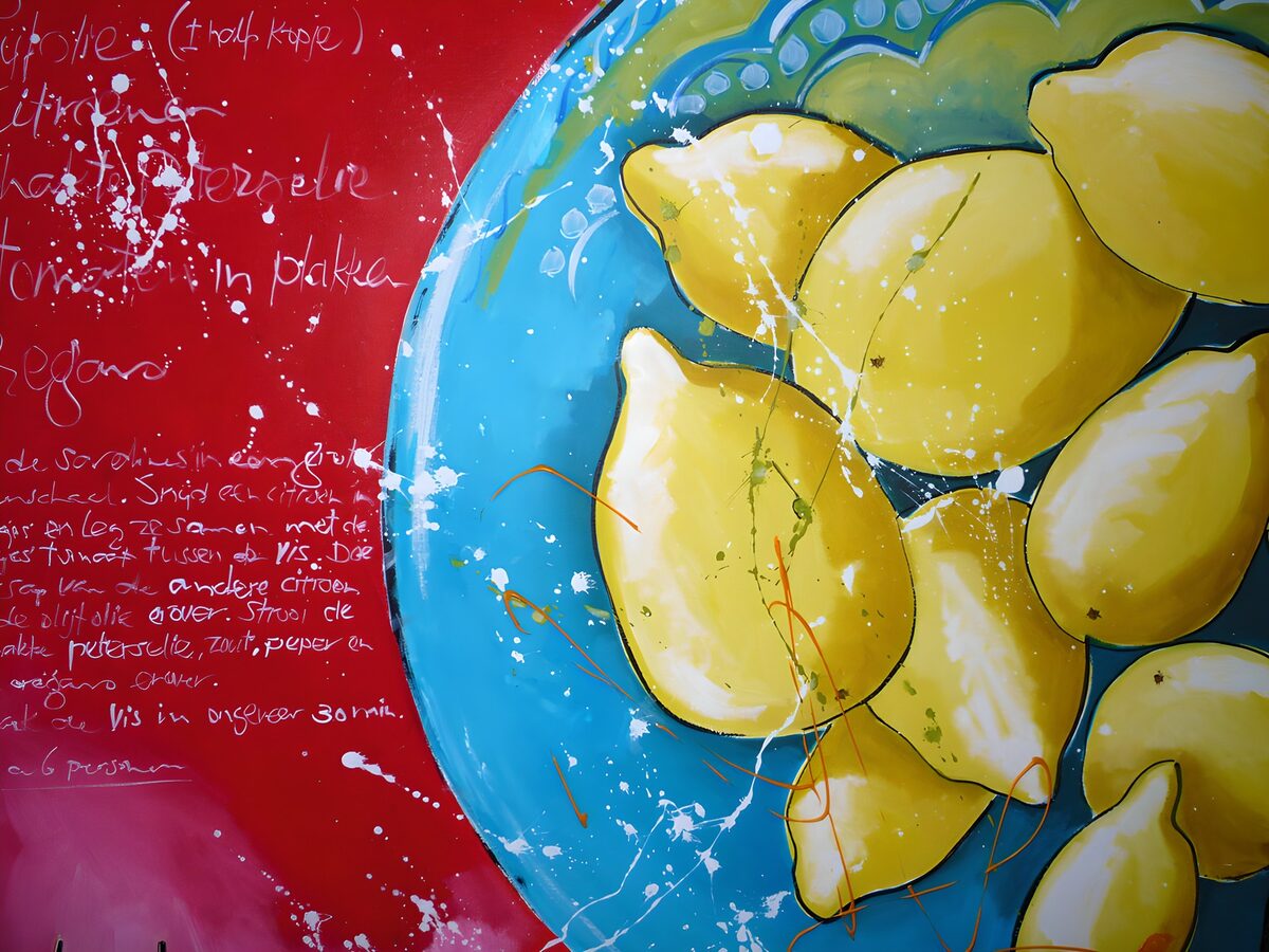 Bold lemon pieces on a turquoise plate
