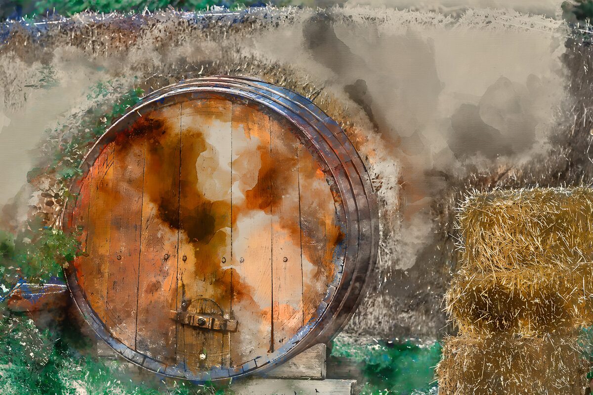 Wooden barrel and hay in warm watercolour