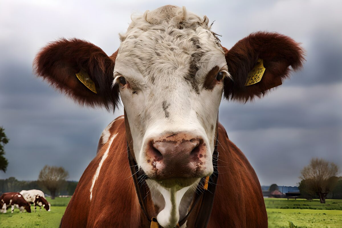A curious red-and-white cow in close-up