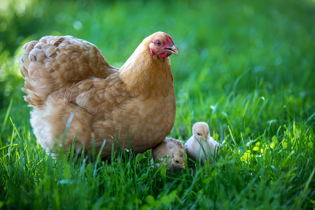 Golden hen and two chicks in the grass