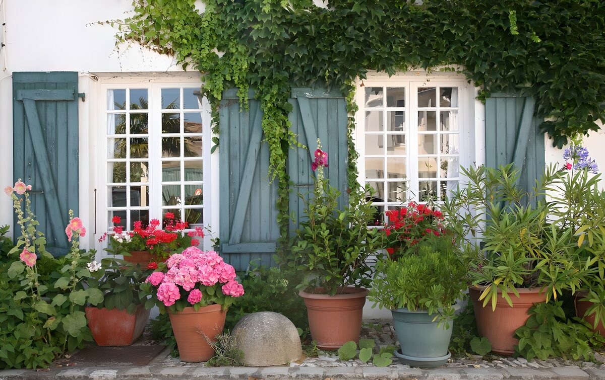 Blue-green shutters and flower-filled pots