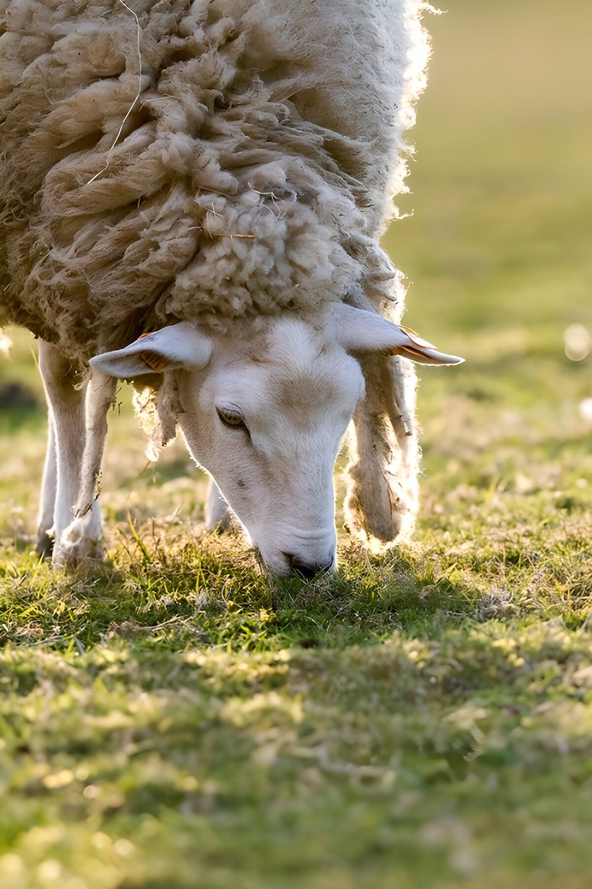 Woolly sheep grazing in warm sunlight