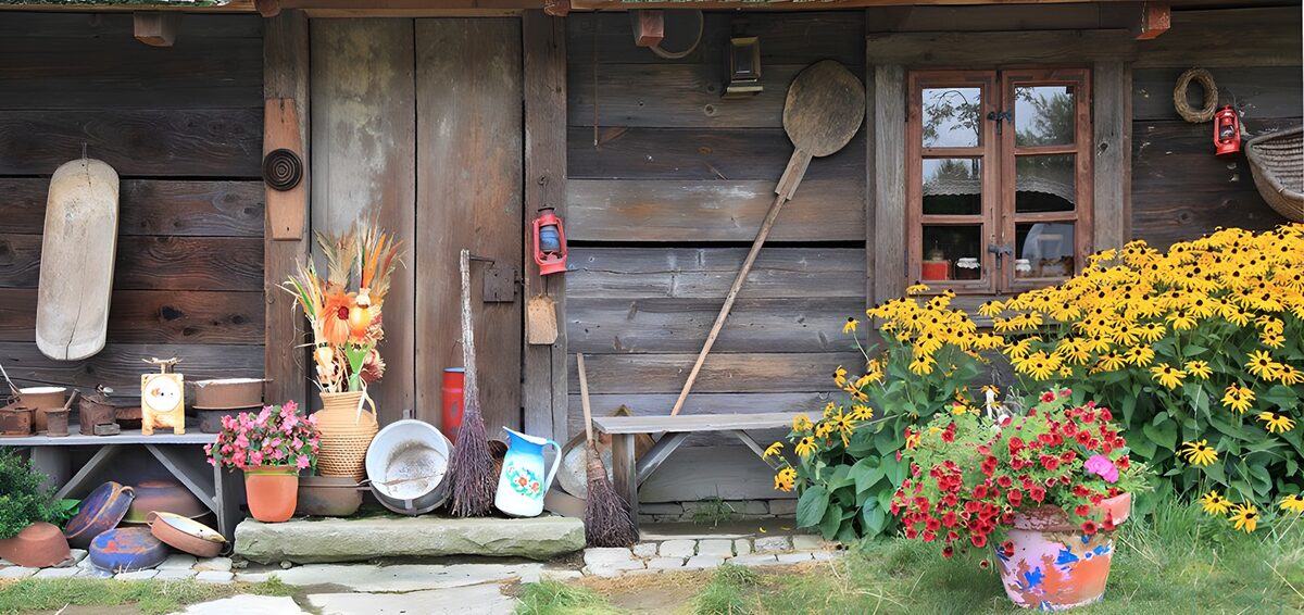 Rustic shed with a summer flower display
