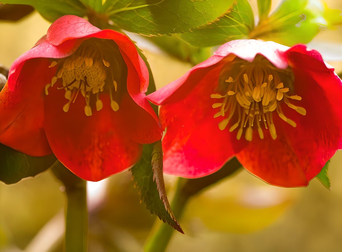 Two red hellebores in the sunlight