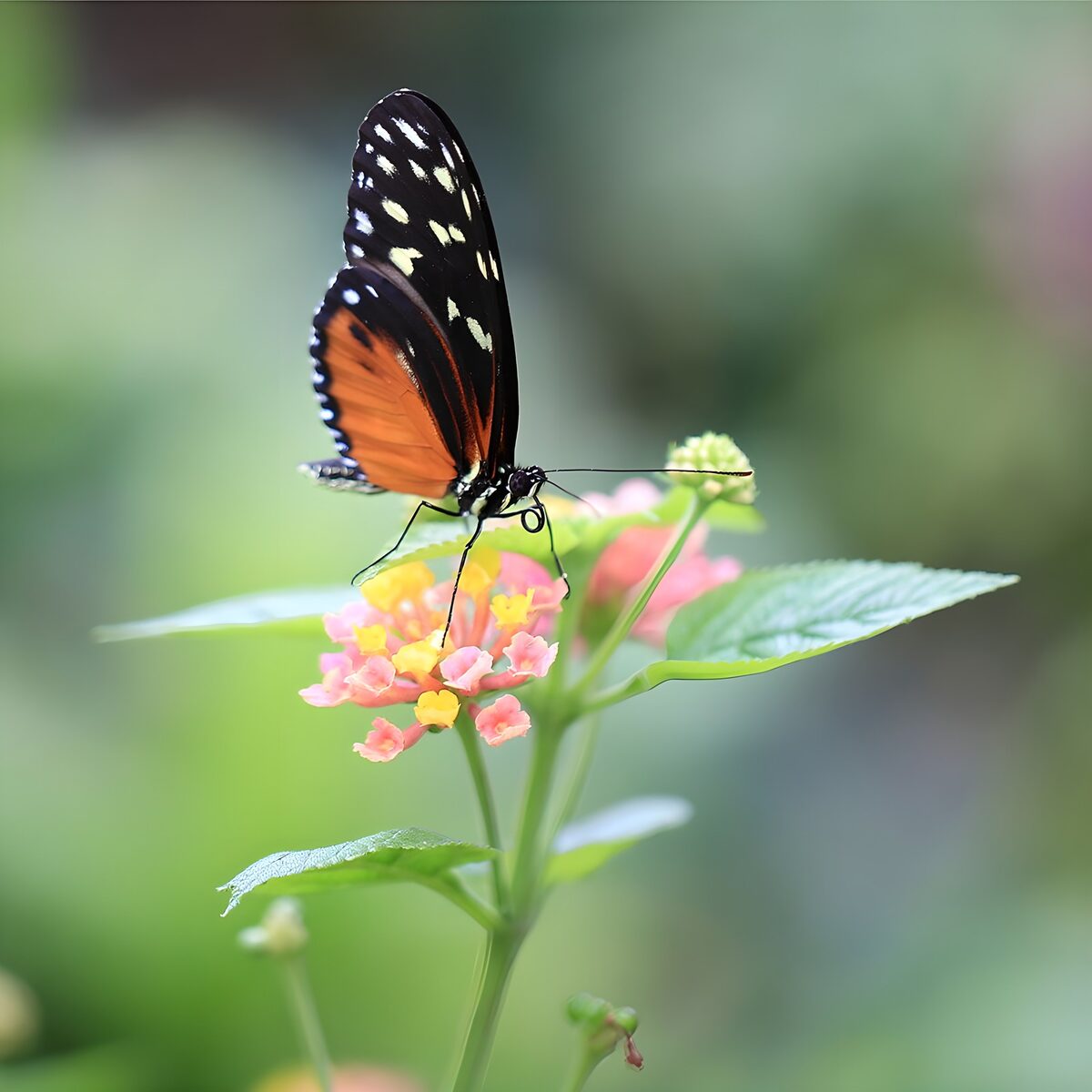 Orange butterfly on pink and yellow blooms