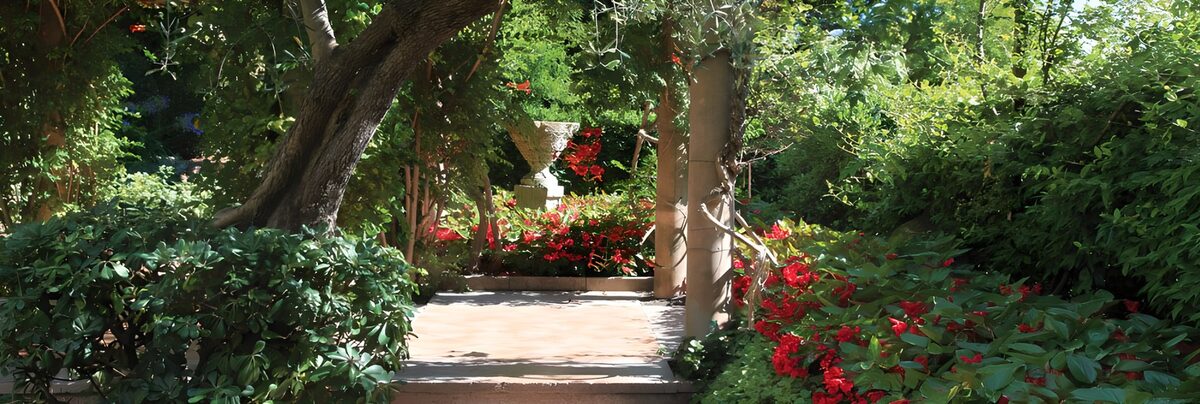 Shaded garden path with red flowers