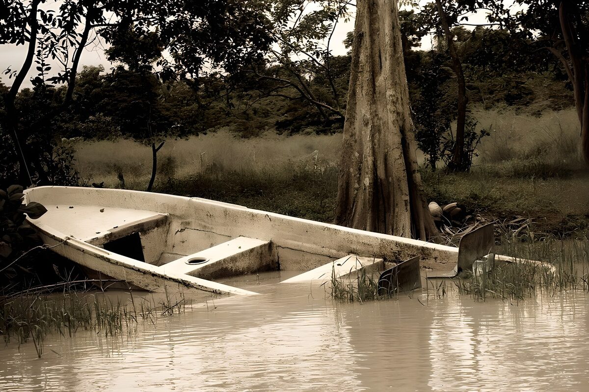 Half-submerged boat beneath the trees
