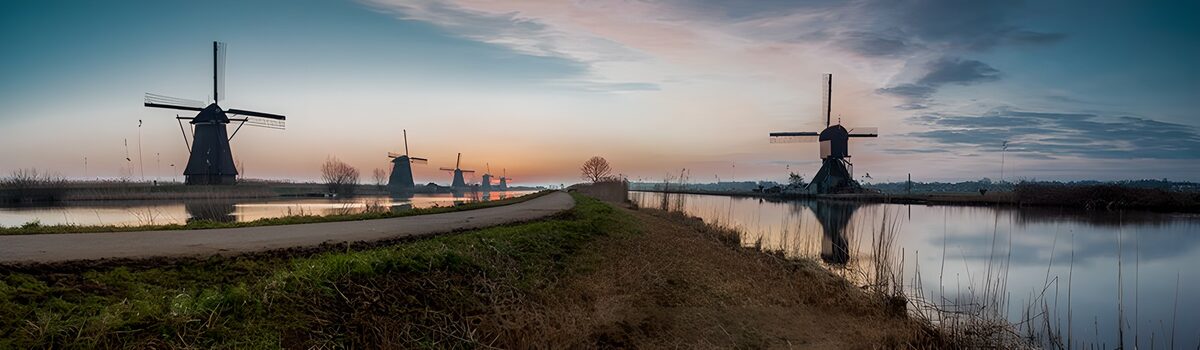 Windmills beside still water at dawn
