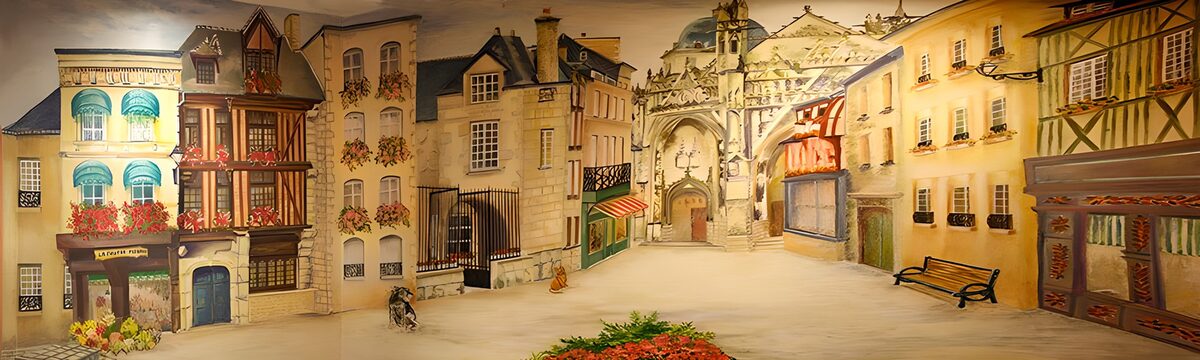 A quiet old-town square in bloom