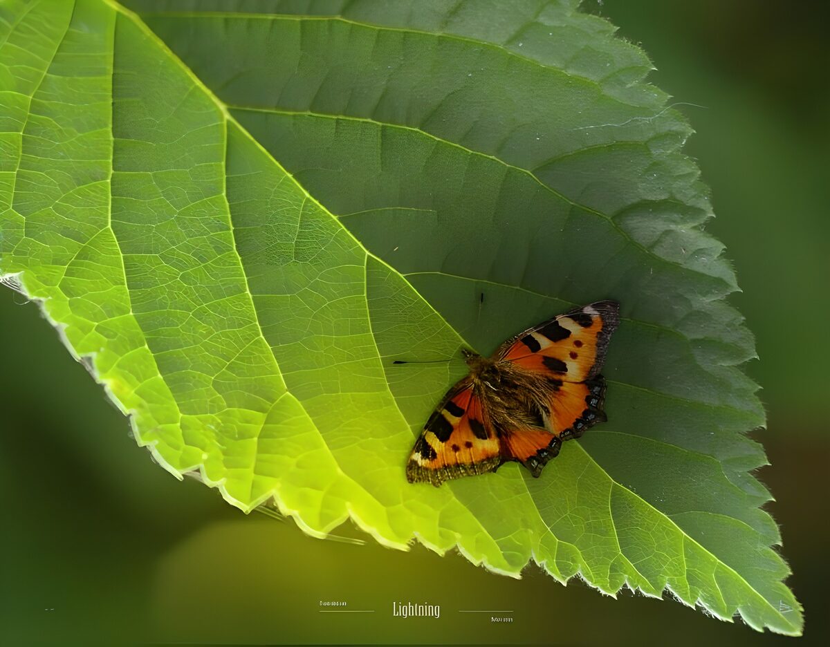 Orange butterfly resting on a green leaf