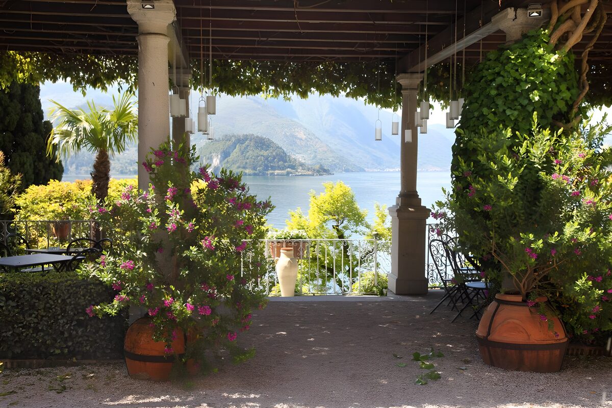 Shaded terrace overlooking a blue lake