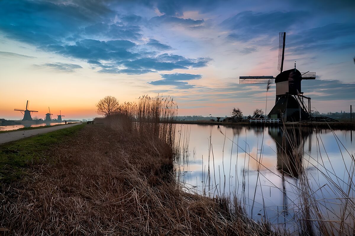 Windmills reflected in still water