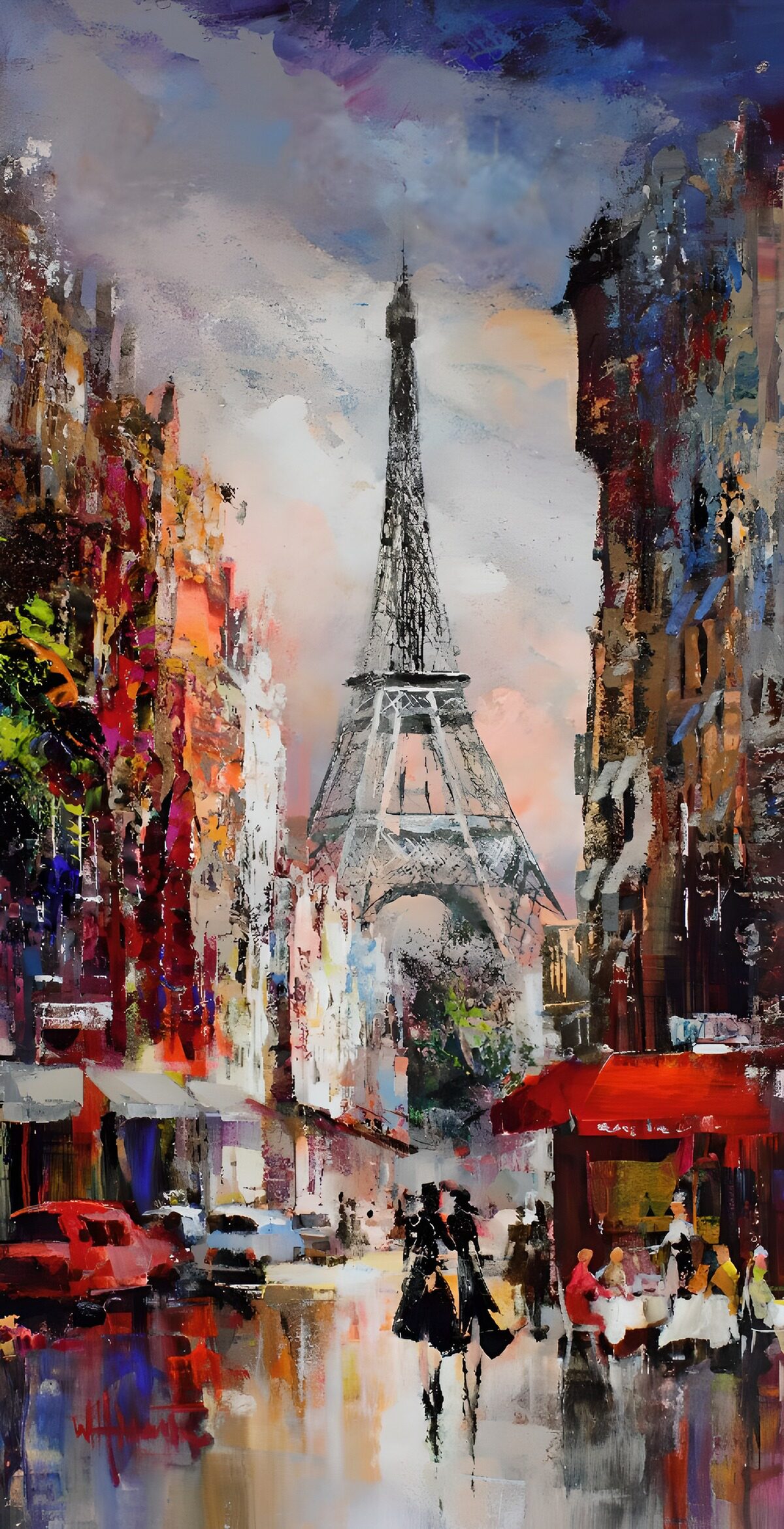 Colourful Paris street and the Eiffel Tower