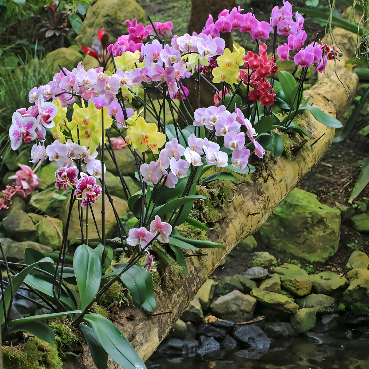 Colourful orchids on a mossy trunk