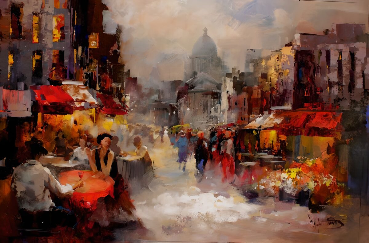 Sunlit café street with a distant dome