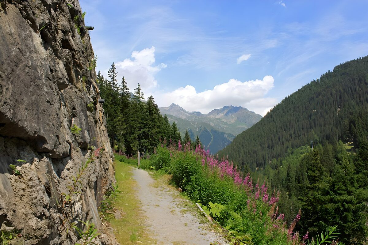 Summer mountain path beside a rock face