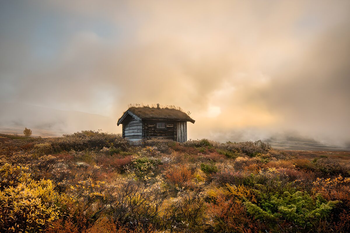 Wooden cabin in autumn mist
