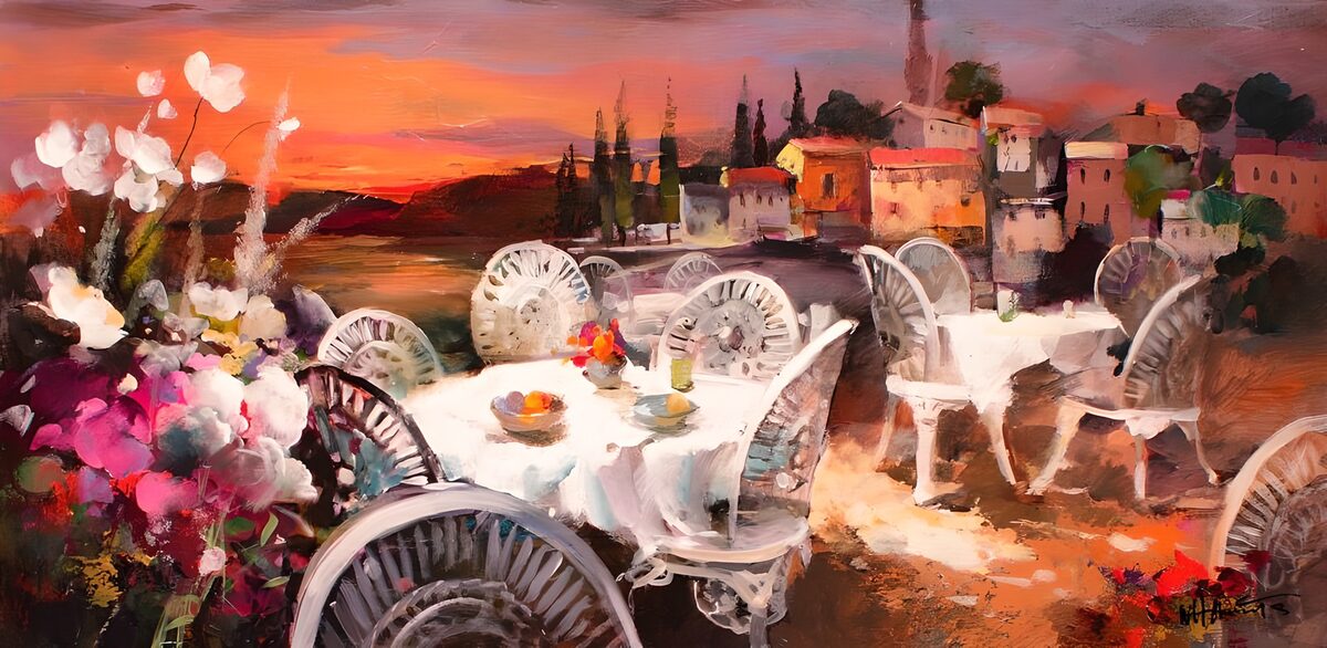 Sunset dining on a waterside terrace