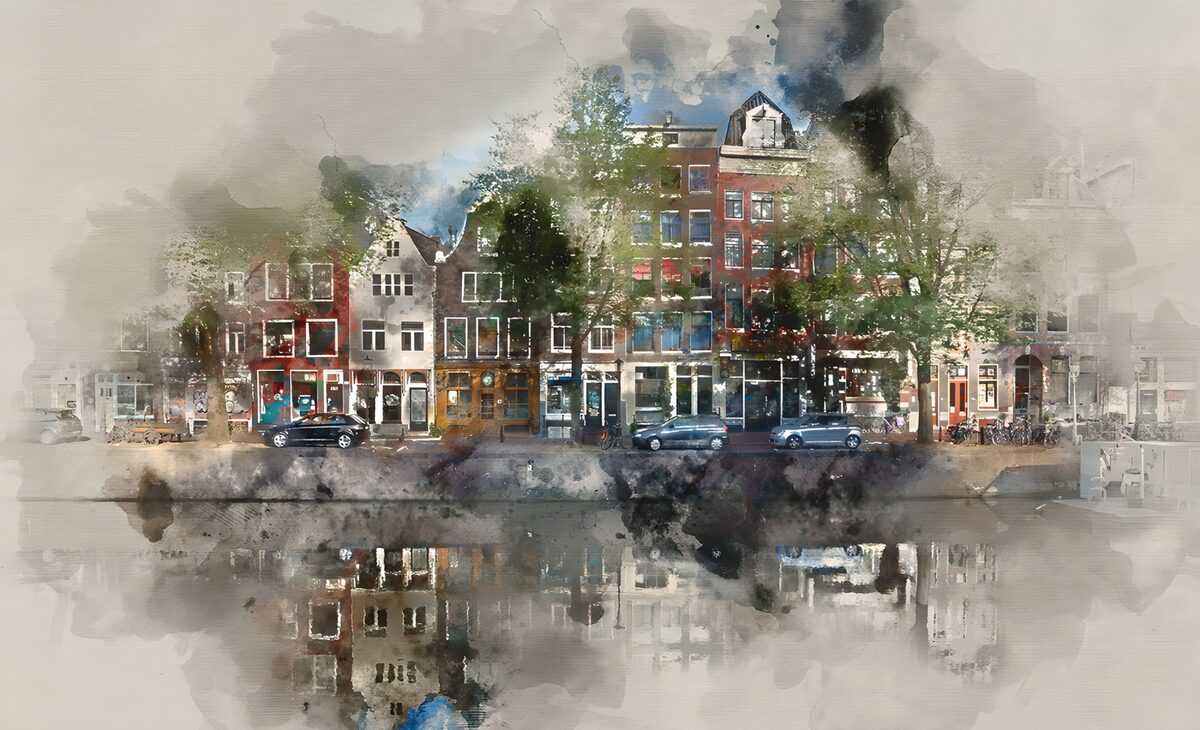 Canal houses in soft watercolour