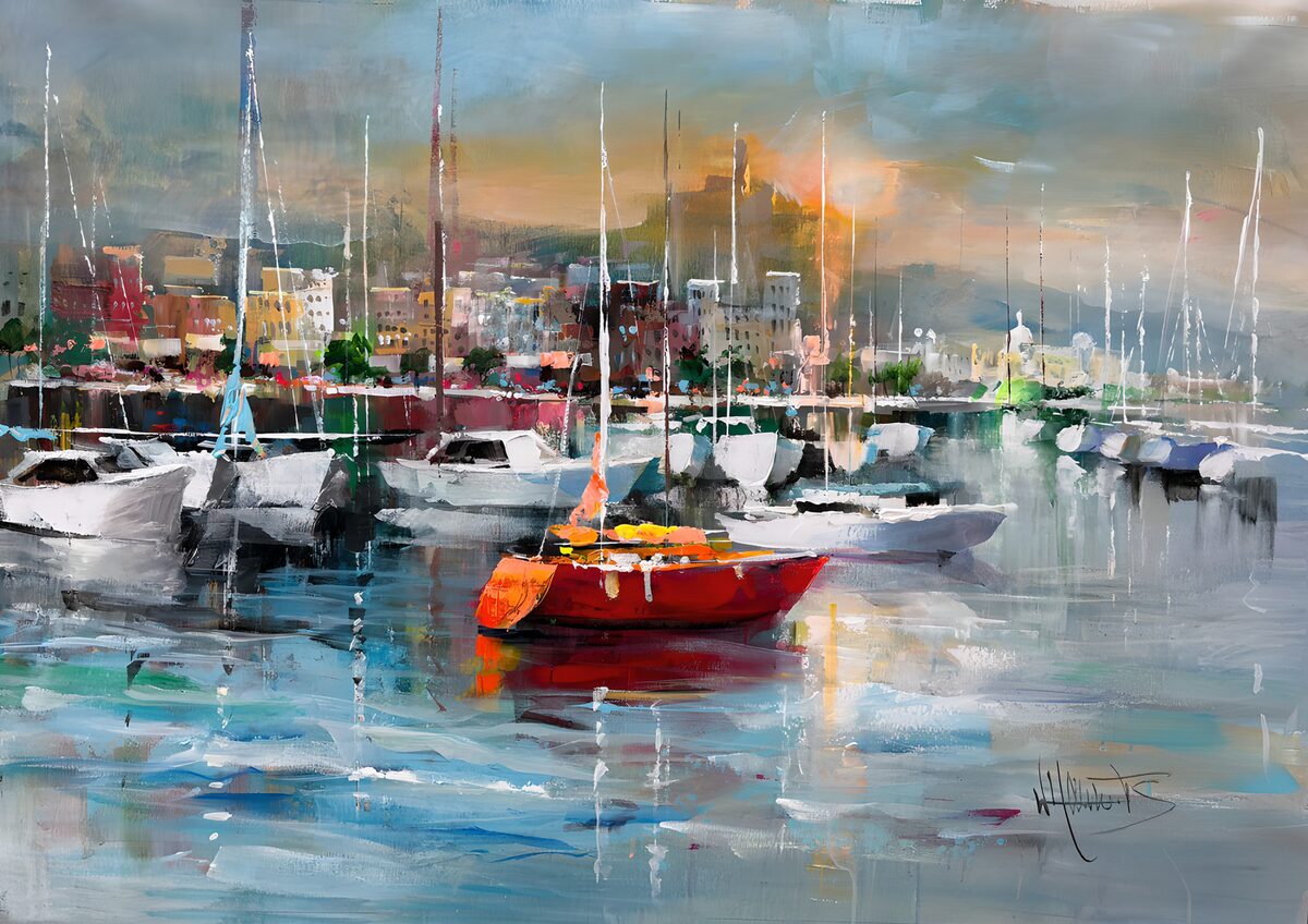 Sailboats in a sunset marina