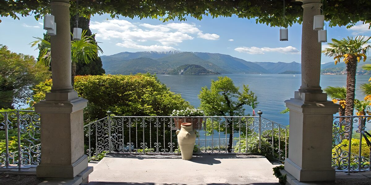 Shaded terrace with a mountain lake view