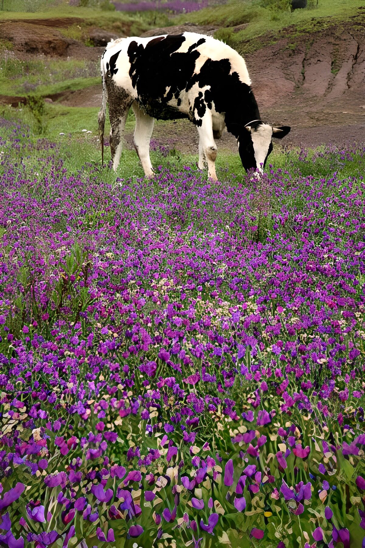 Cow grazing in a purple flower meadow