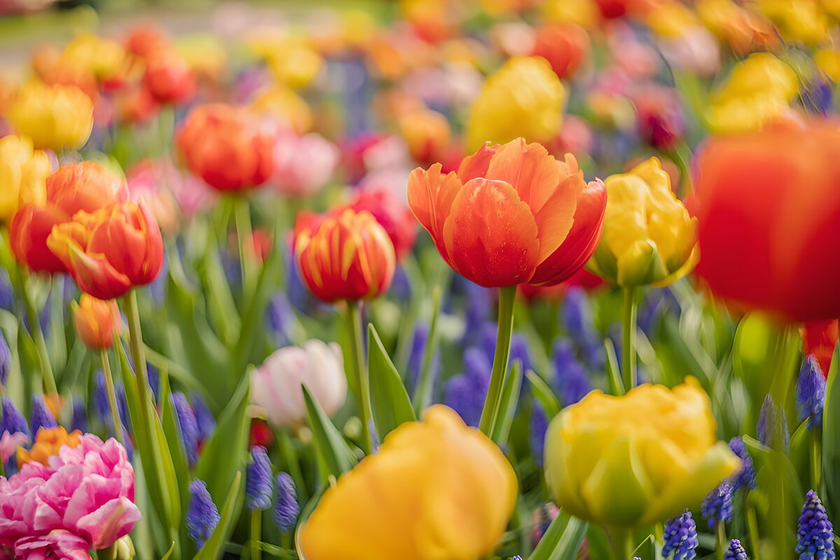 Tulips and grape hyacinths in spring light