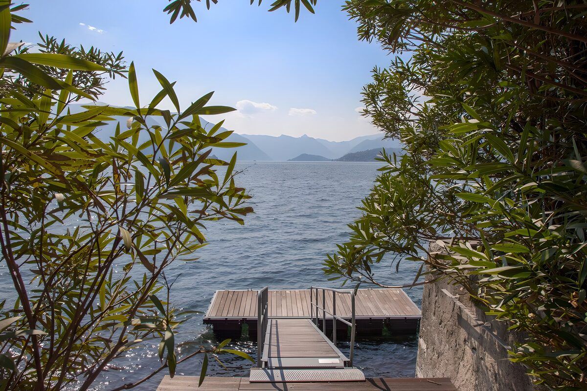 Shaded jetty on a mountain lake