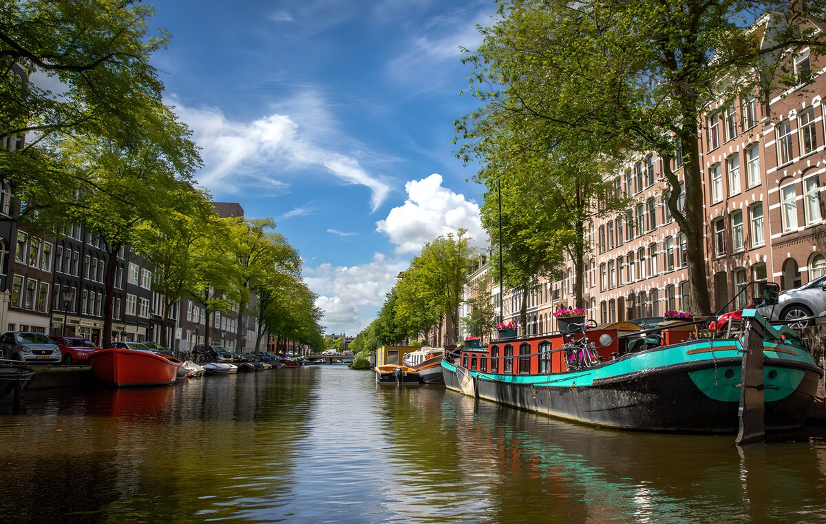 Houseboats on a sunlit, tree-lined canal