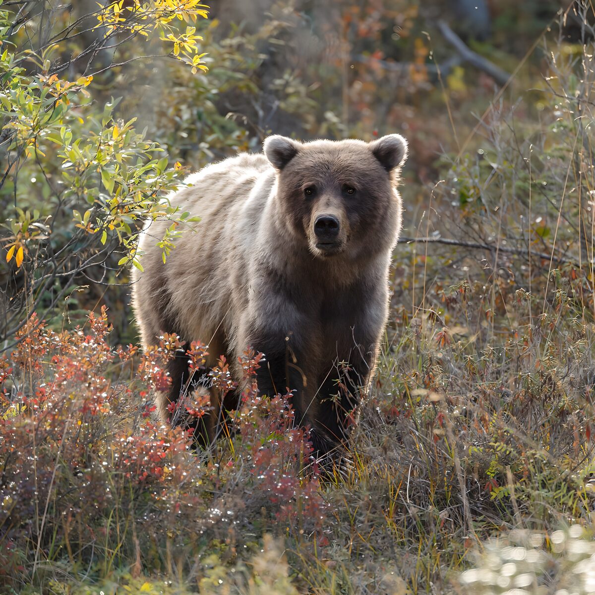 Brown bear among autumn shrubs