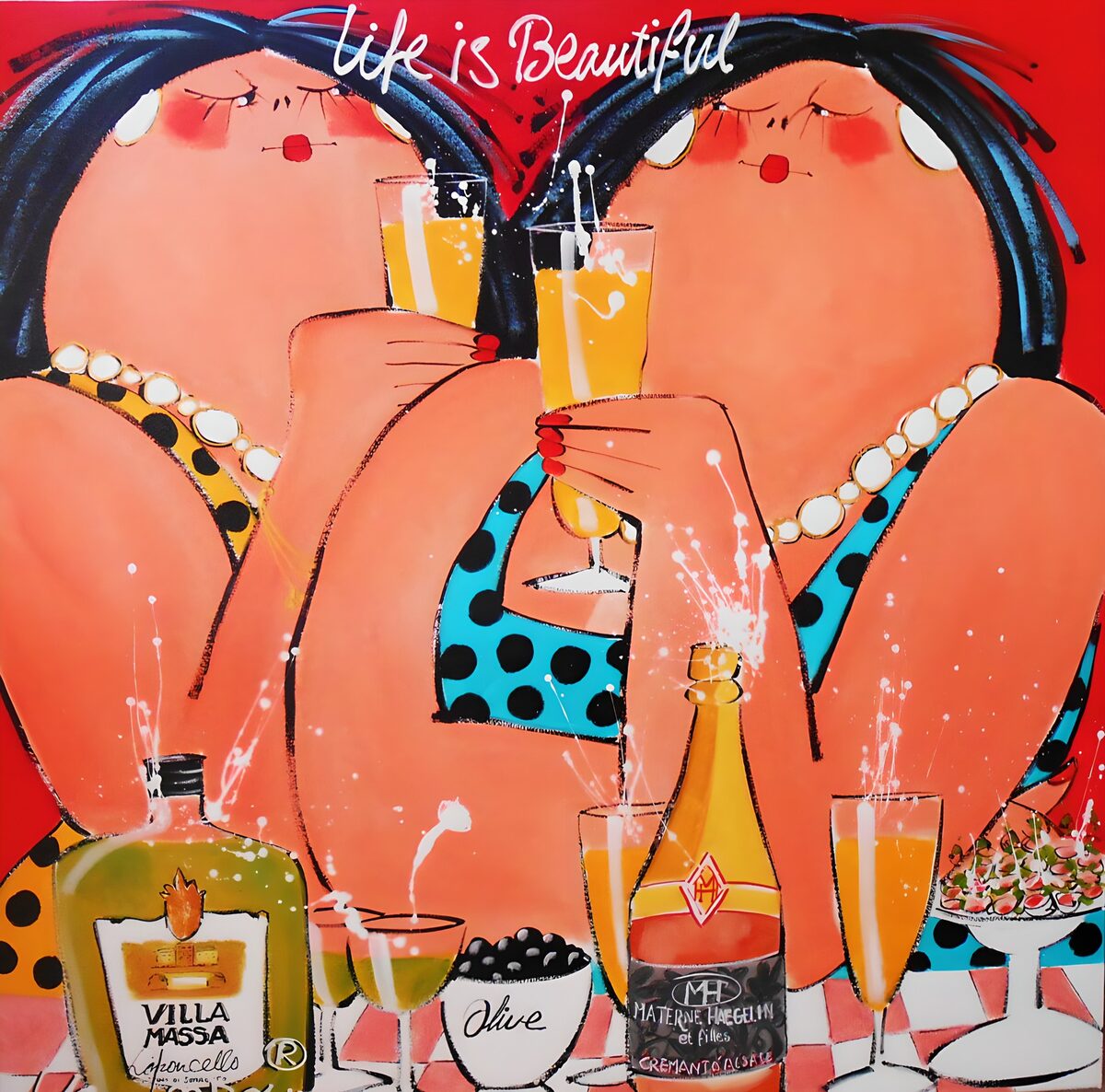 Two women toasting in glorious colour