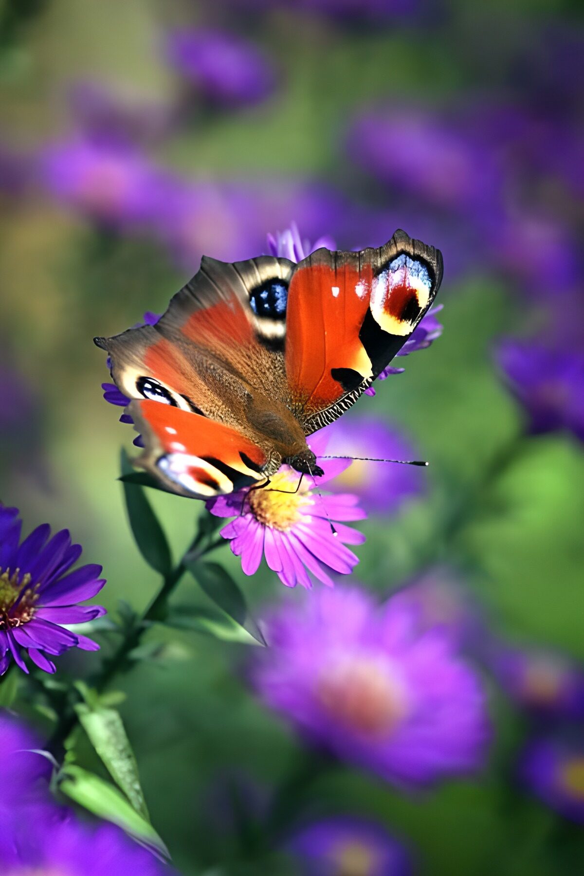 Peacock butterfly on sunlit purple petals