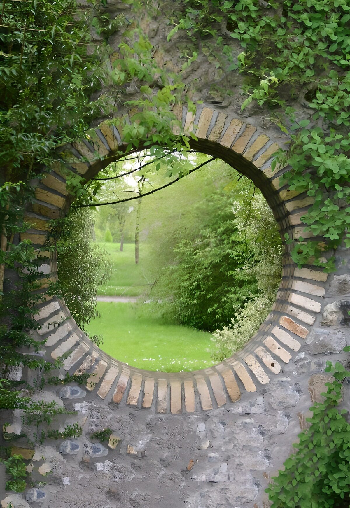 Round stone window onto a quiet garden