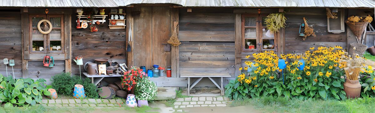 Rustic wooden house in summer bloom