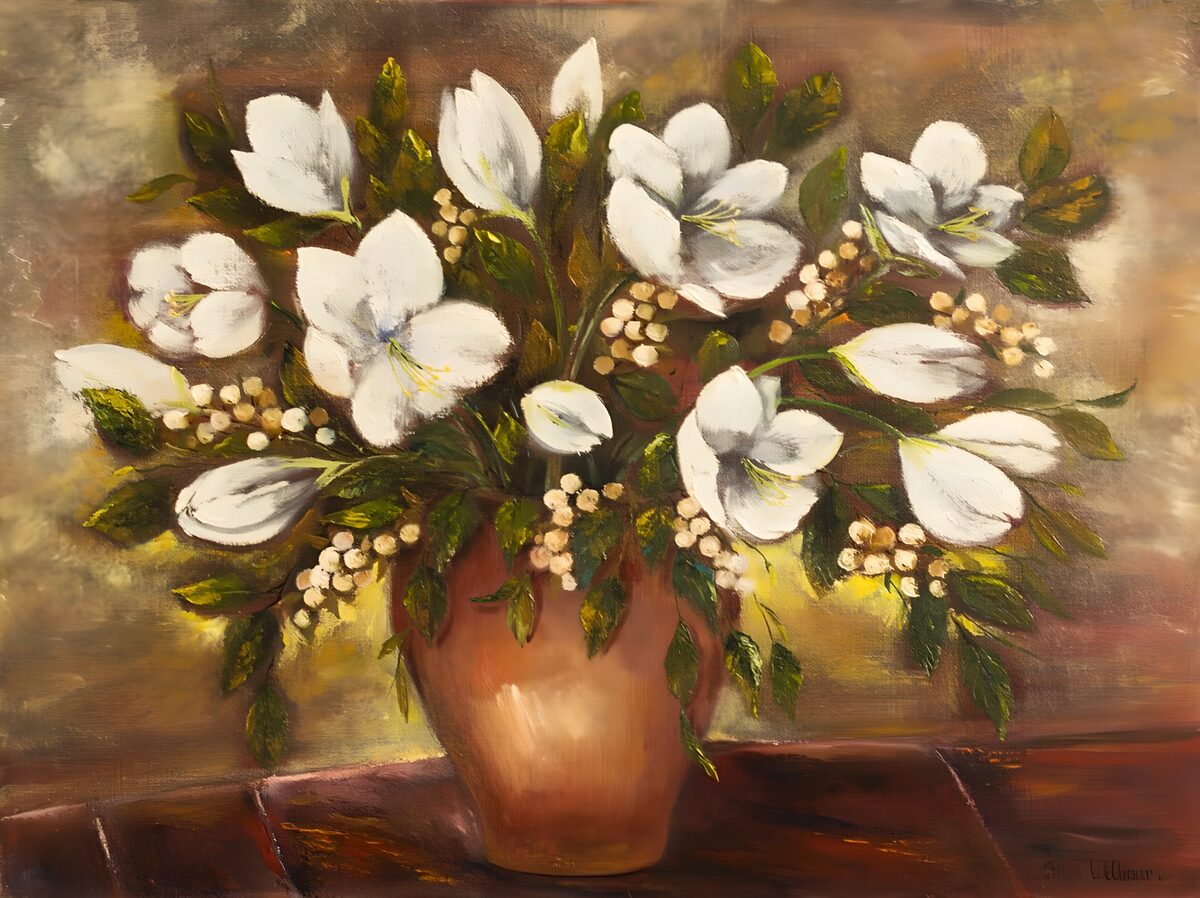 White flowers in a warm brown vase