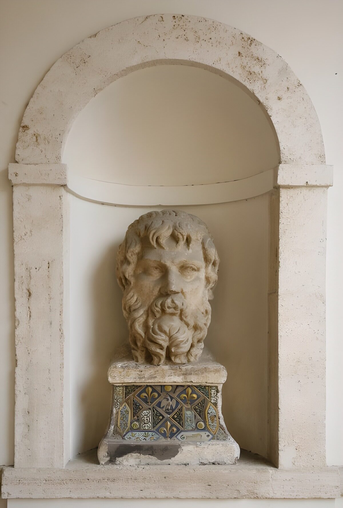 Weathered bust in a pale stone arch