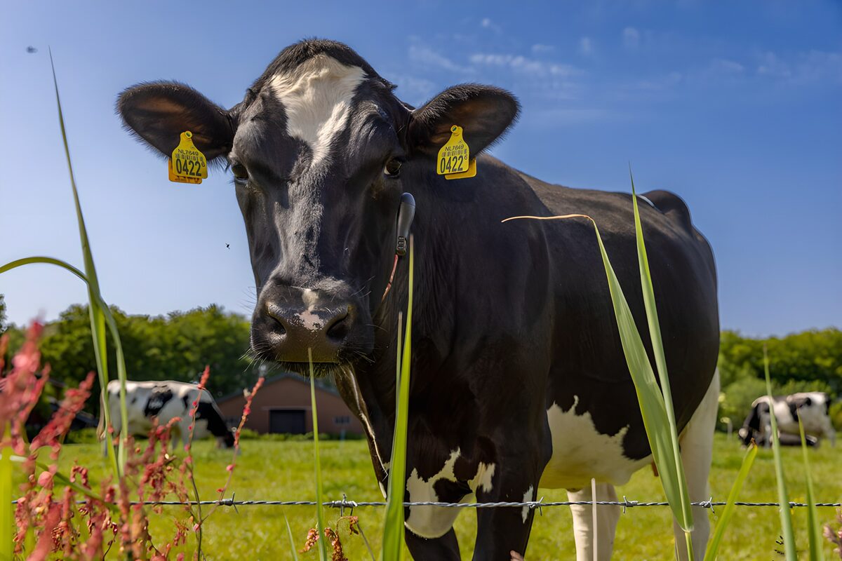 Black-and-white cow in the sunshine