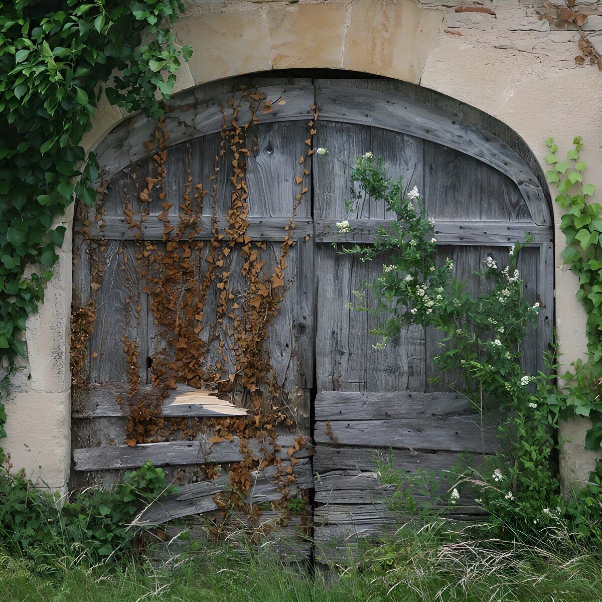 Weathered double doors beneath a stone arch