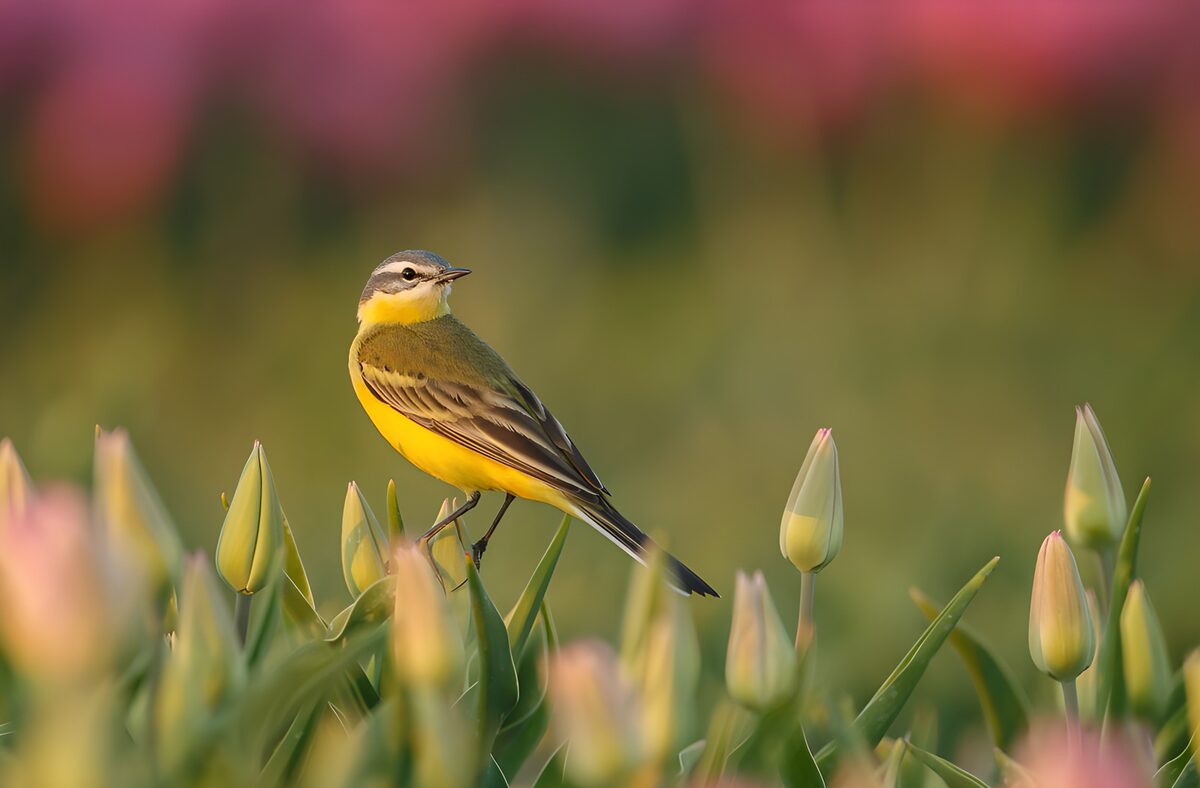 Yellow wagtail among spring tulip buds