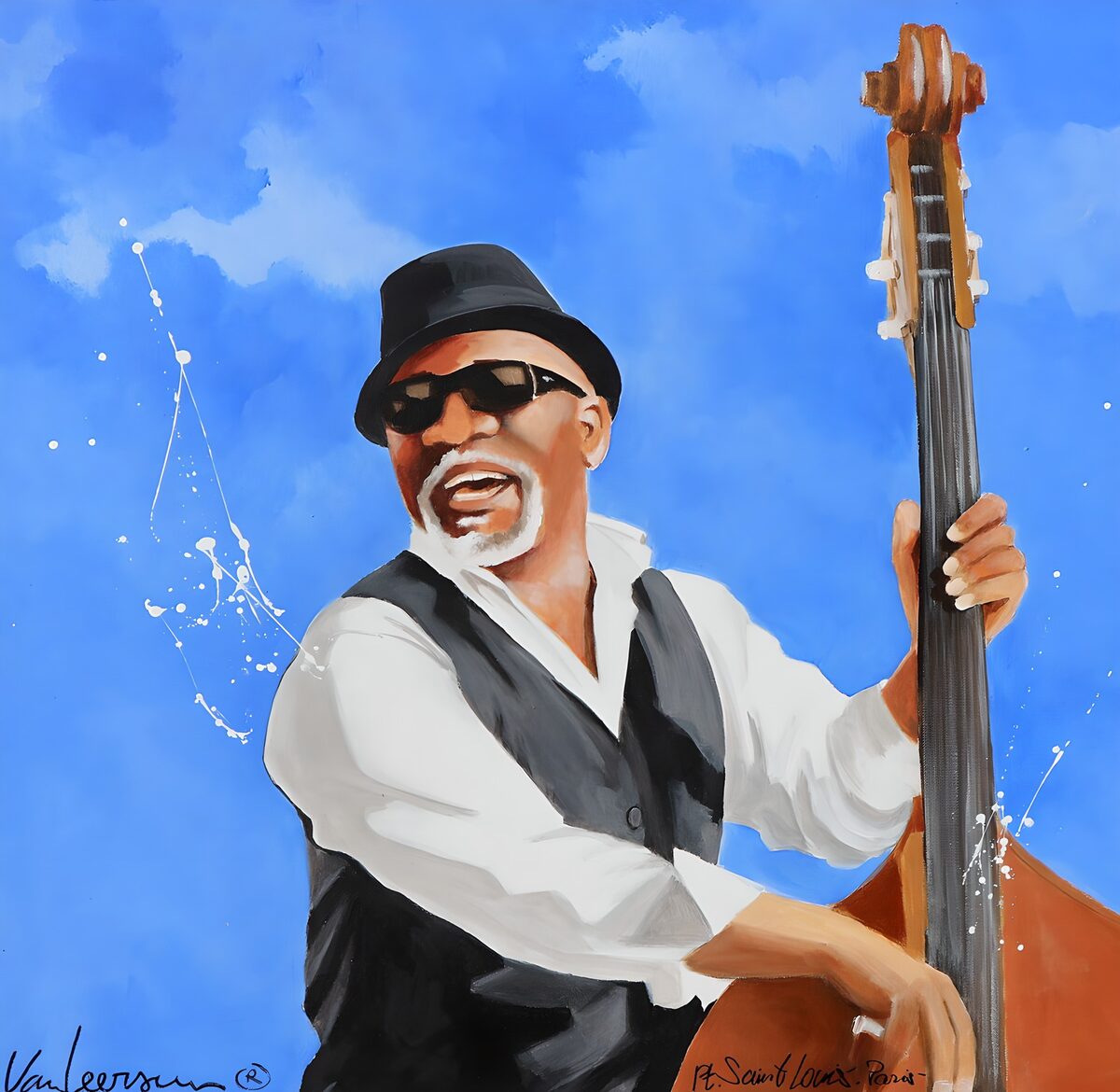 Double bass player in a wash of blue