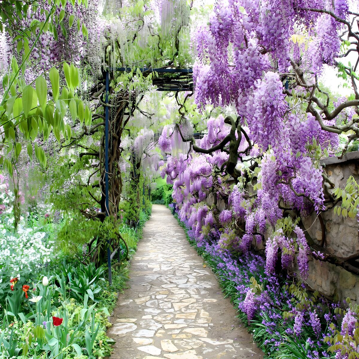 Stone path beneath purple wisteria