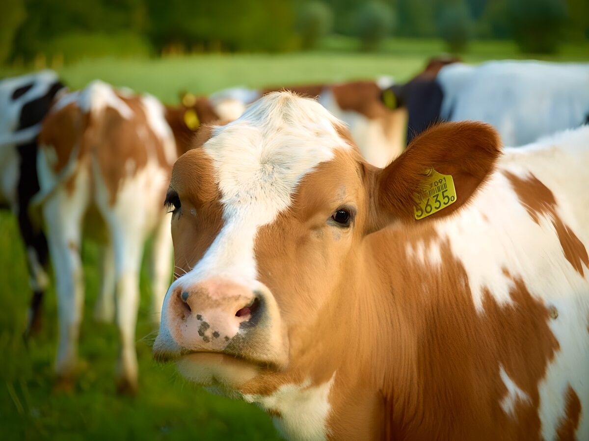 Brown-and-white cow, face to face