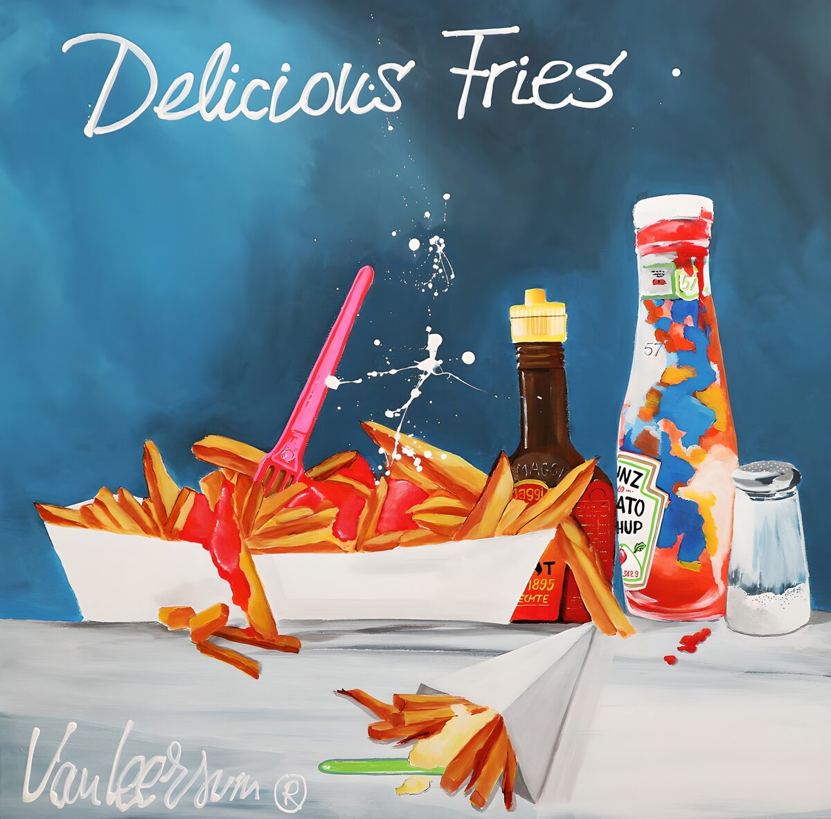 Golden fries with ketchup and forks
